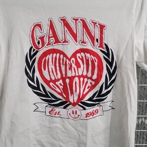 Ganni White Graphic Tee with Red Heart and Black Laurel